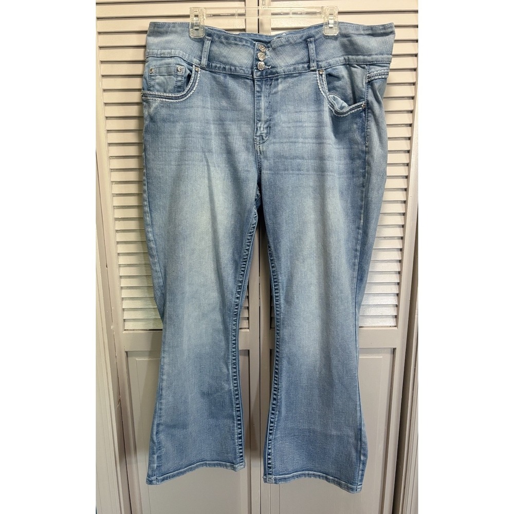 Blue Savvy Light Wash Bootcut Denim Jeans Rhinestones Embroidery Size 22W